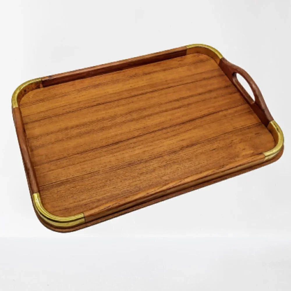 Vintage Dolphin Teakwood Brass Captain's Serving Tray